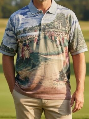 Bobby Jones Golf Scene Polo Shirt XL All Over Print Vintage Style 100% Cotton